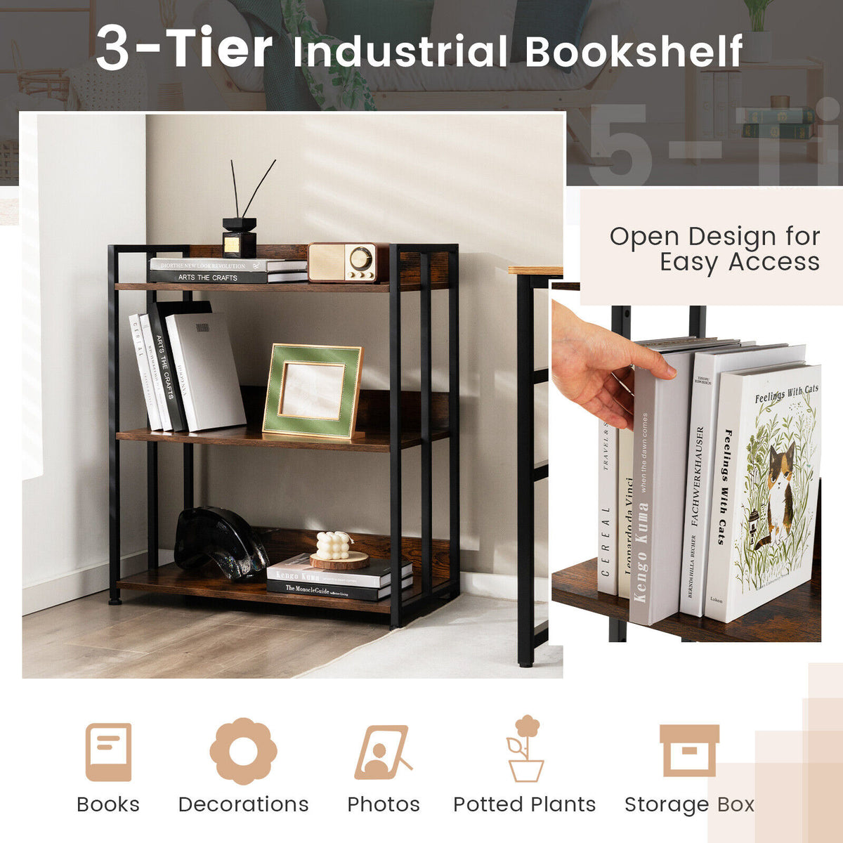 3-Tier Industrial Bookshelf with Adjustable Metal Frame Shelves