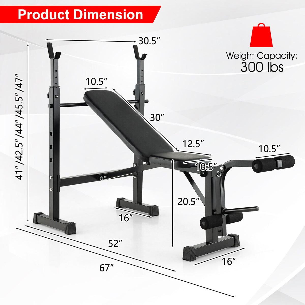 Adjustable Weight Bench and Barbell Rack Set with Weight Plate Post - Home Gym Equipment