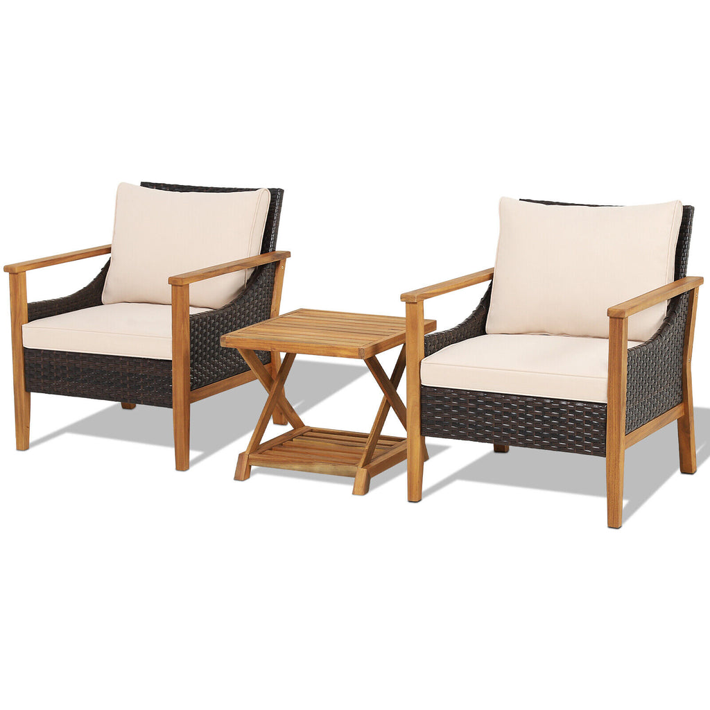 3 Pieces Patio Wicker Furniture Set with 2-Tier Side Table and