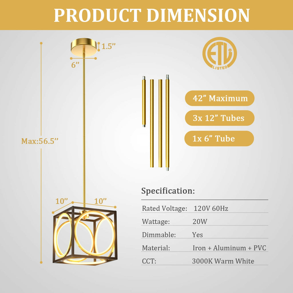 Adjustable Suspender LED Pendant Light - Golden Cube Design, 42 Inch