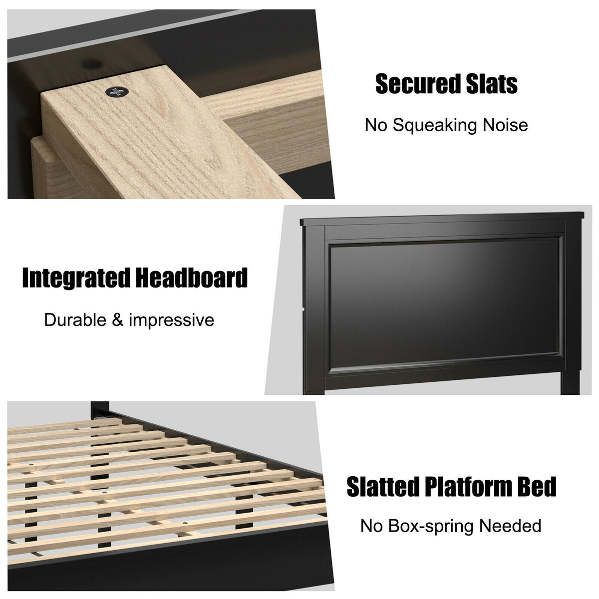 Queen Size Platform Bed Frame with Headboard - Black