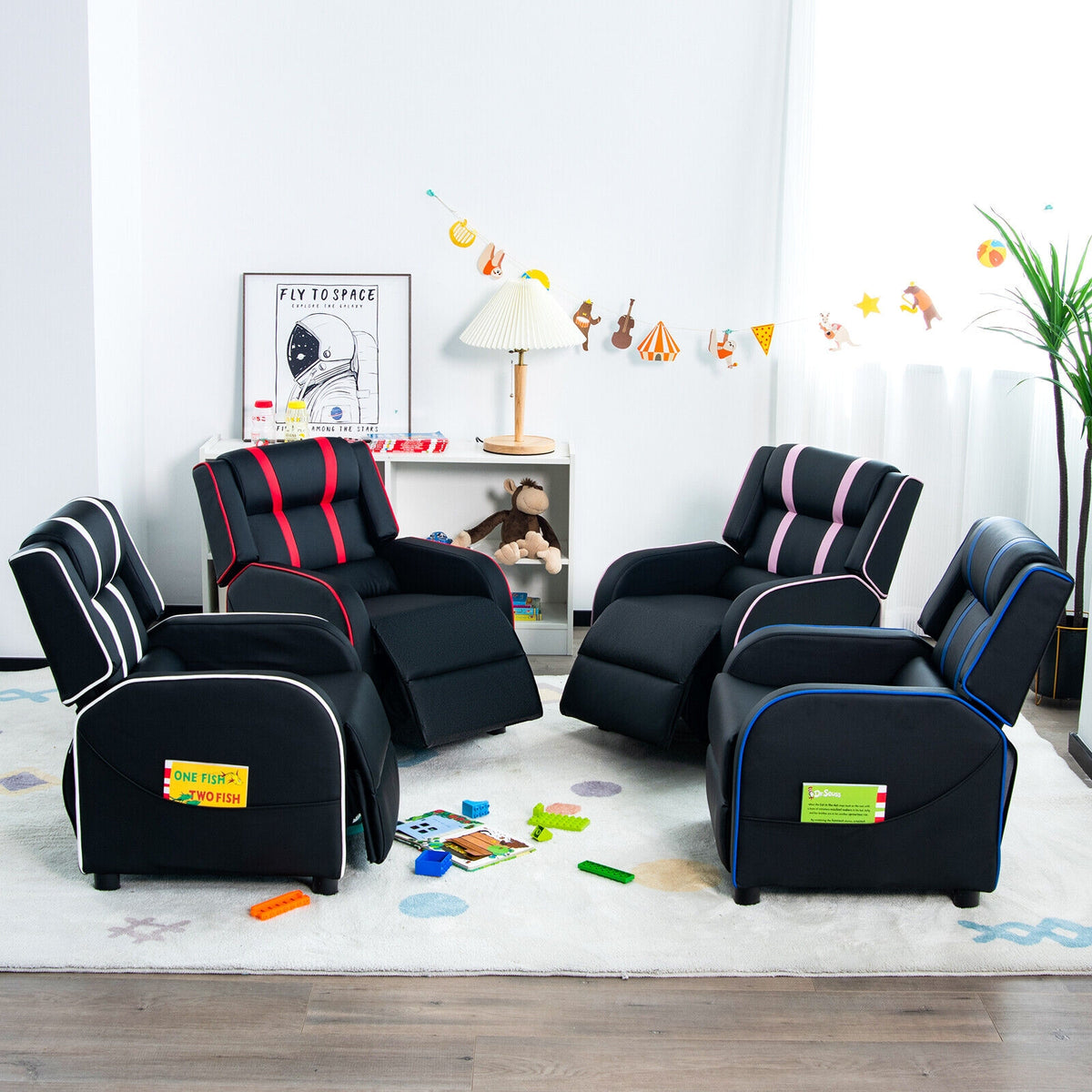 Kids Recliner Chair with Side Pockets & Footrest - Style G, Blue