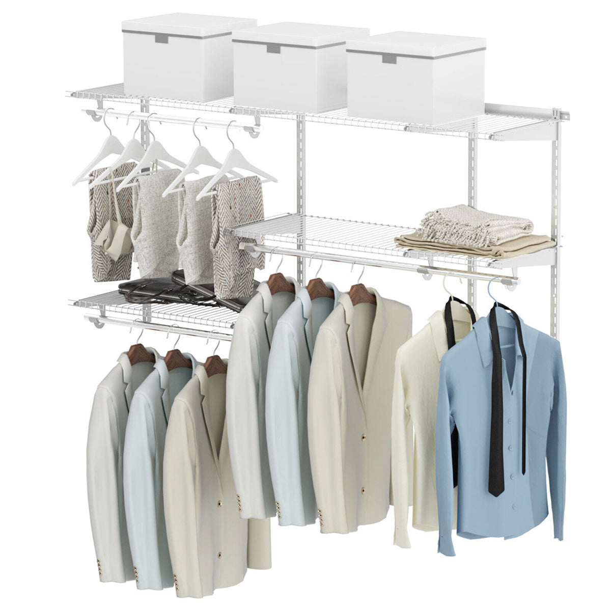 Closet Organizer System 3-5 Feet Wall-Mounted with Hang Rod, White