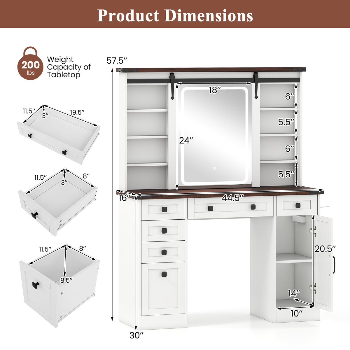 Farmhouse Vanity Desk with Sliding Mirror & 3 Lighting Modes, White