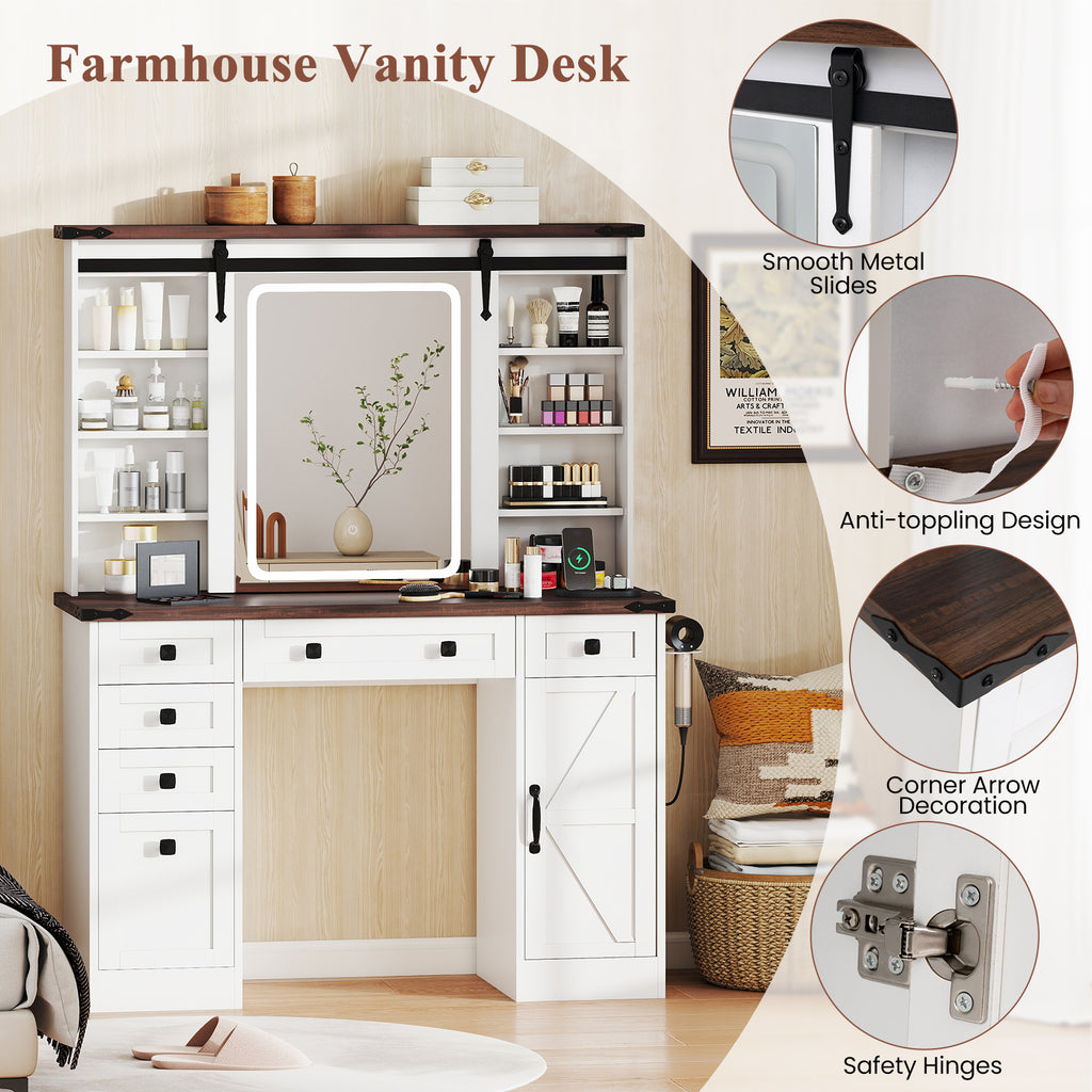 Farmhouse Vanity Desk with Sliding Mirror & 3 Lighting Modes, White