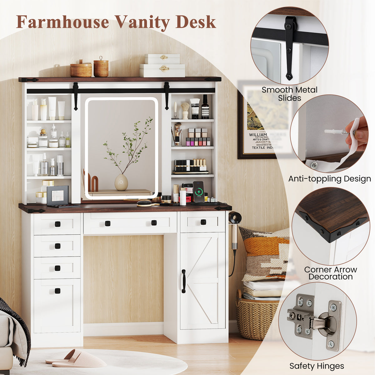 Farmhouse Vanity Desk with Sliding Mirror & 3 Lighting Modes, White