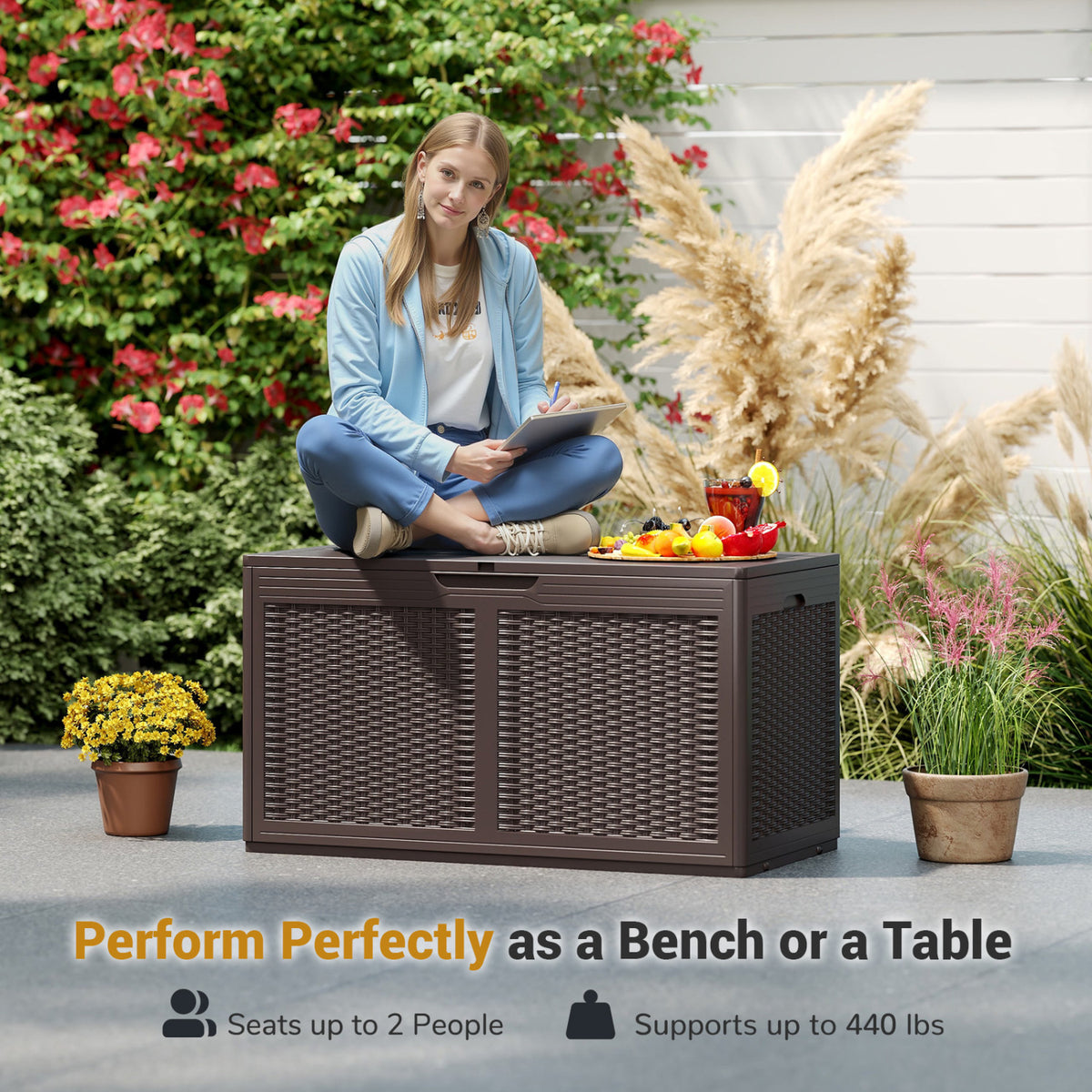 100 Gallon Outdoor Storage Bench Waterproof Deck Box - Brown