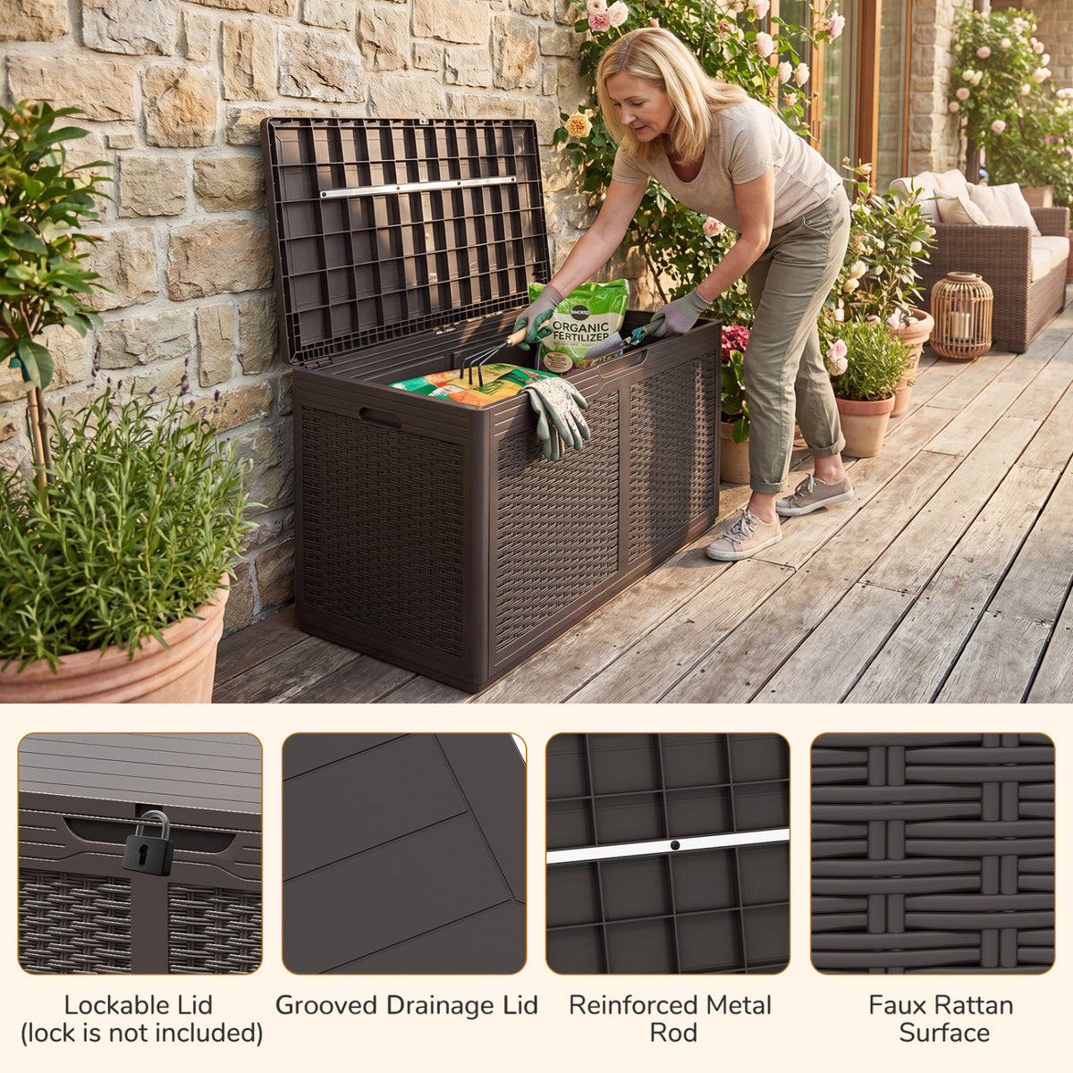 100 Gallon Outdoor Storage Bench Waterproof Deck Box - Brown