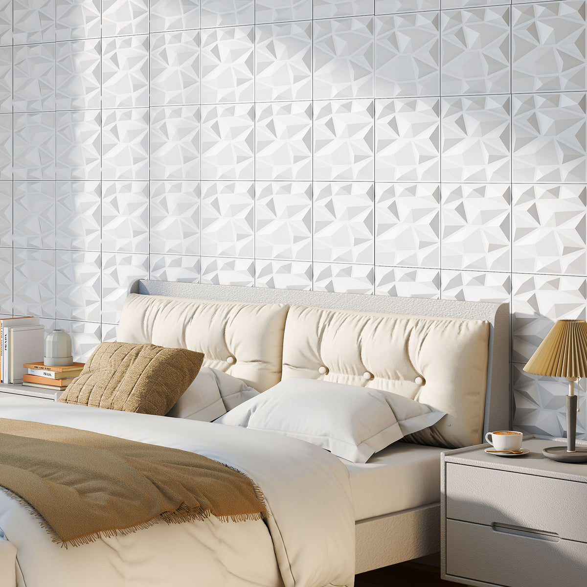 White 3D Wall Panels 12x12 Inch PVC Interior Wall Decor - 100 Pack with Diamond Accent - Variation of THIS listing