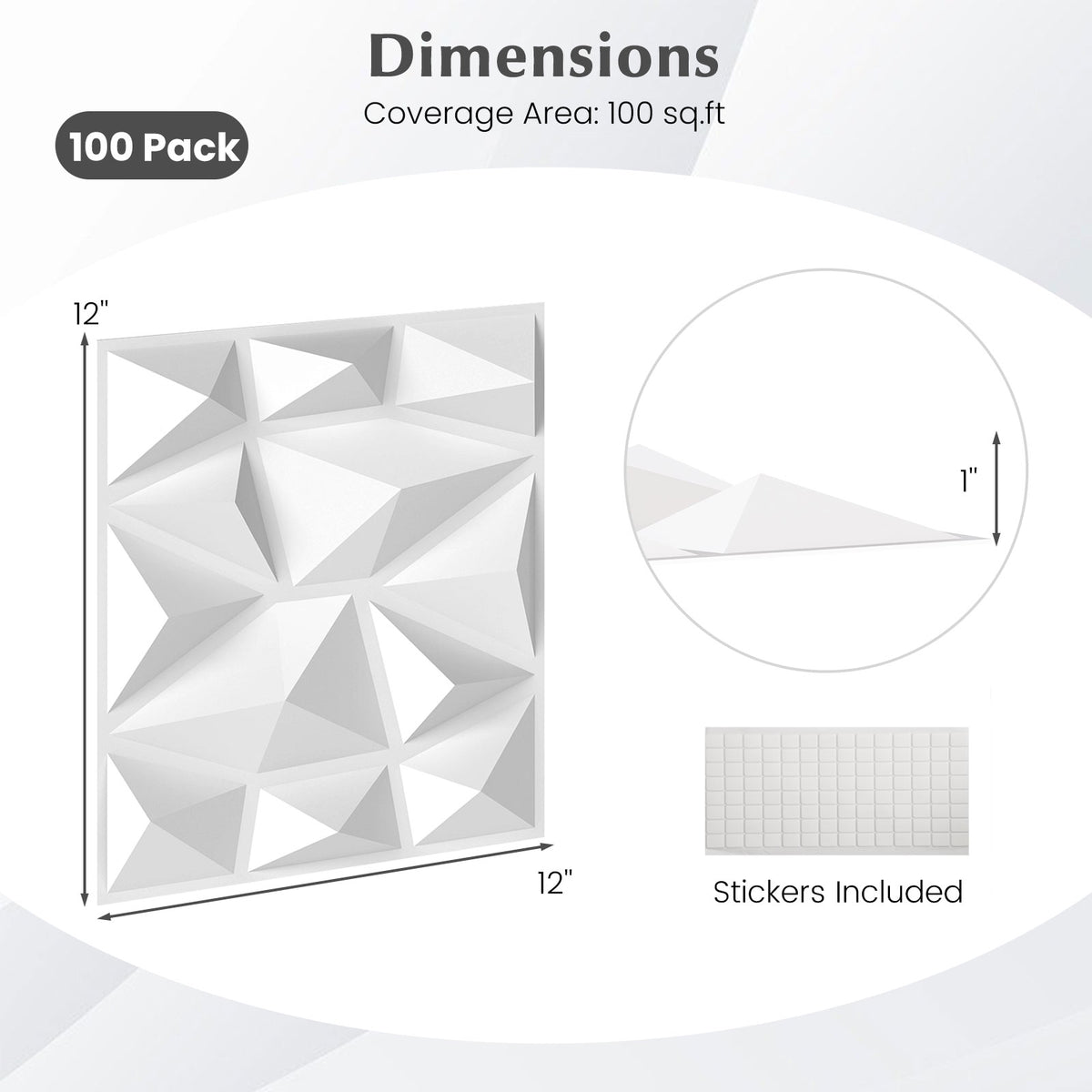 White 3D Wall Panels 12x12 Inch PVC Interior Wall Decor - 100 Pack with Diamond Accent - Variation of THIS listing