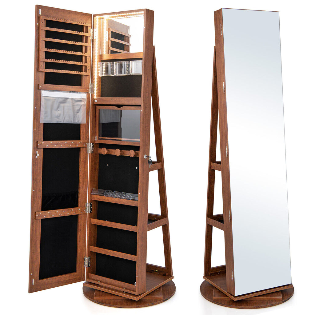 360° Rotating Jewelry Cabinet Armoire with LED Mirror - Dark Brown