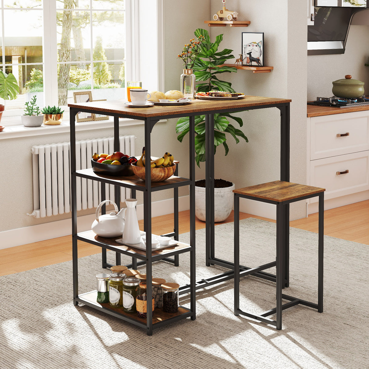 3-Piece Bar Table Set with 2 Stools, Rustic Brown