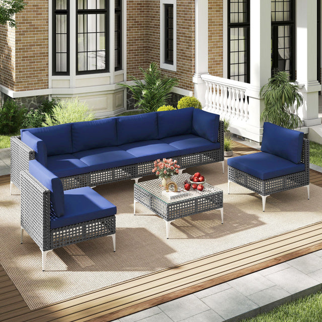 7 Piece Outdoor Furniture Set Wicker Chairs with Tempered Glass