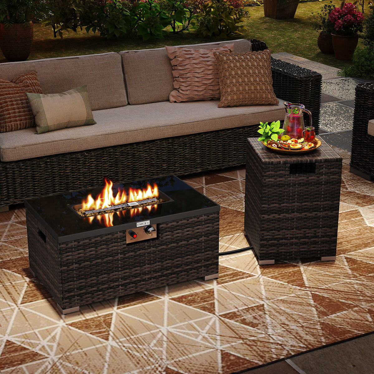 2-Piece Outdoor Rattan Fire Pit Table Set 32" - Brown