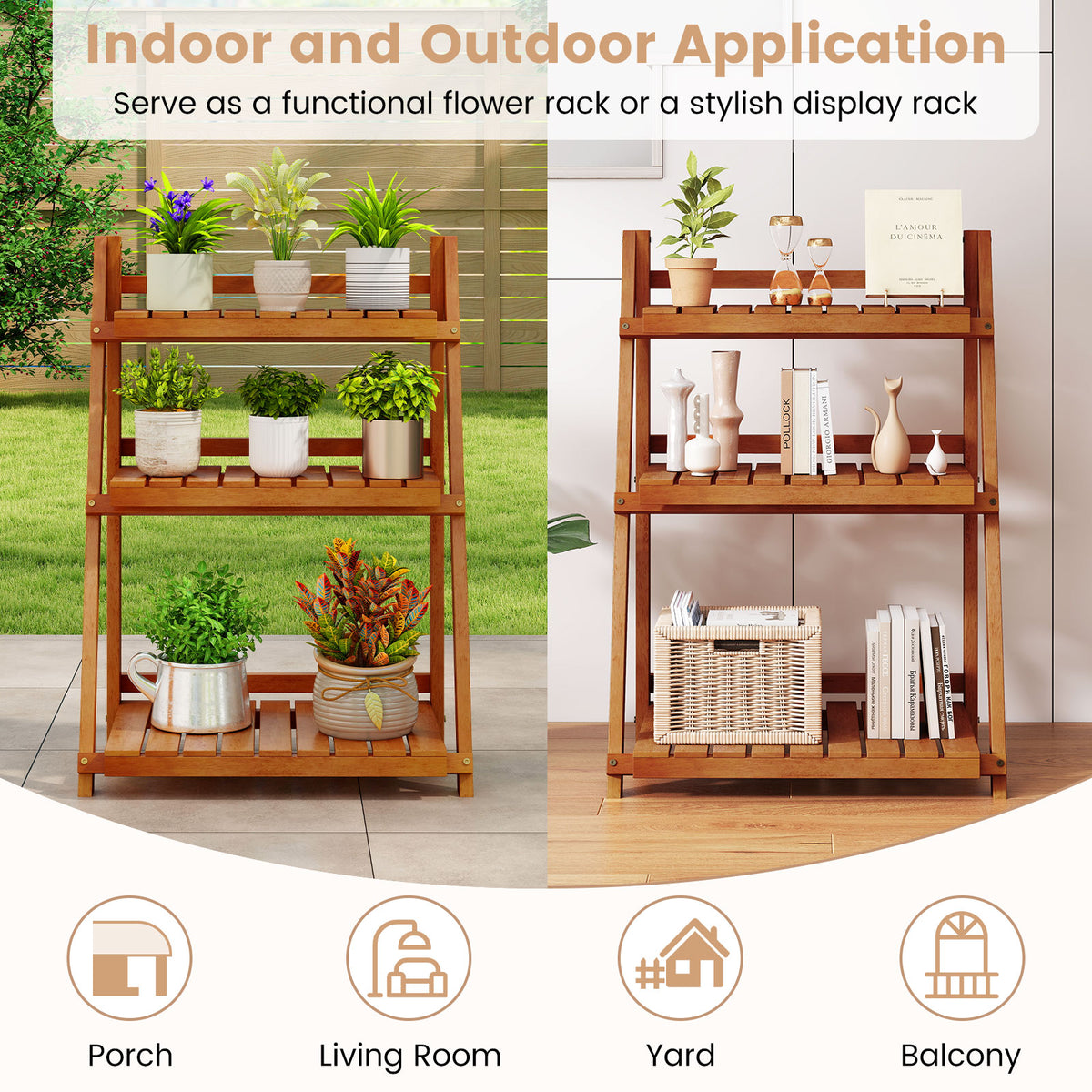 Foldable 3-Tier Solid Wood Plant Stand for Patio Balcony