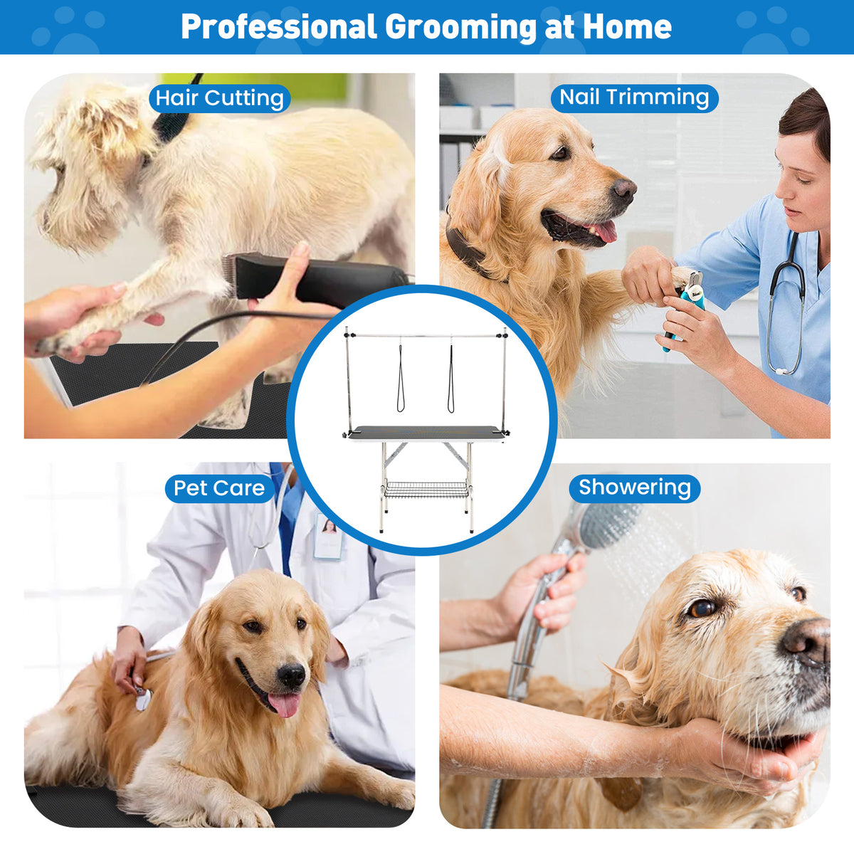 Foldable Dog Grooming Table with Height Adjustable Arms - Black - Space-Saving Pet Grooming Station