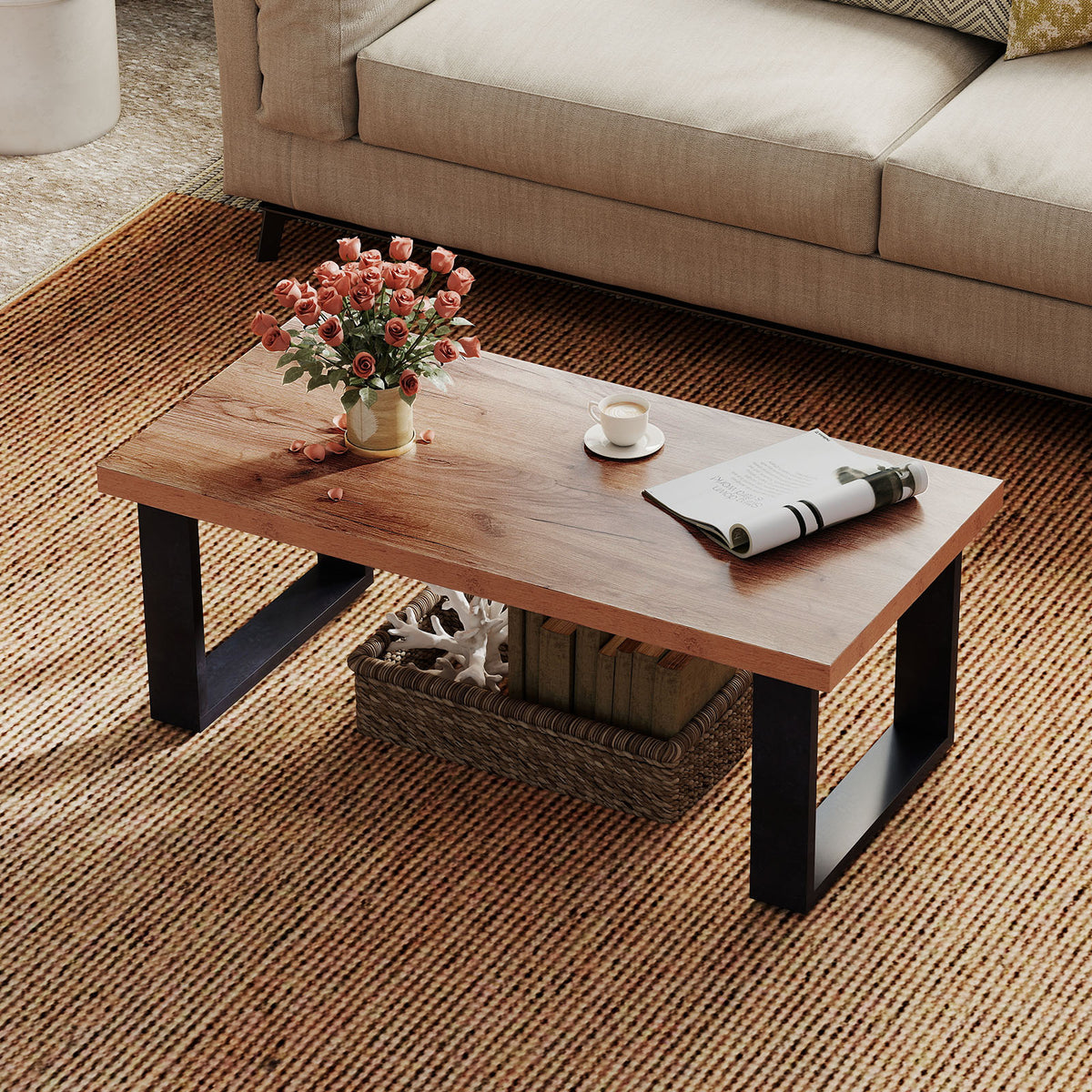 47" Farmhouse Coffee Table with Thickened Tabletop - Oak