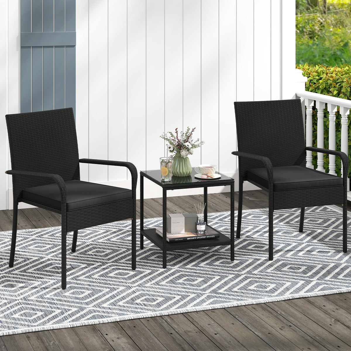 3 Piece Patio Furniture Set with Seat Cushions and Tempered Glass
