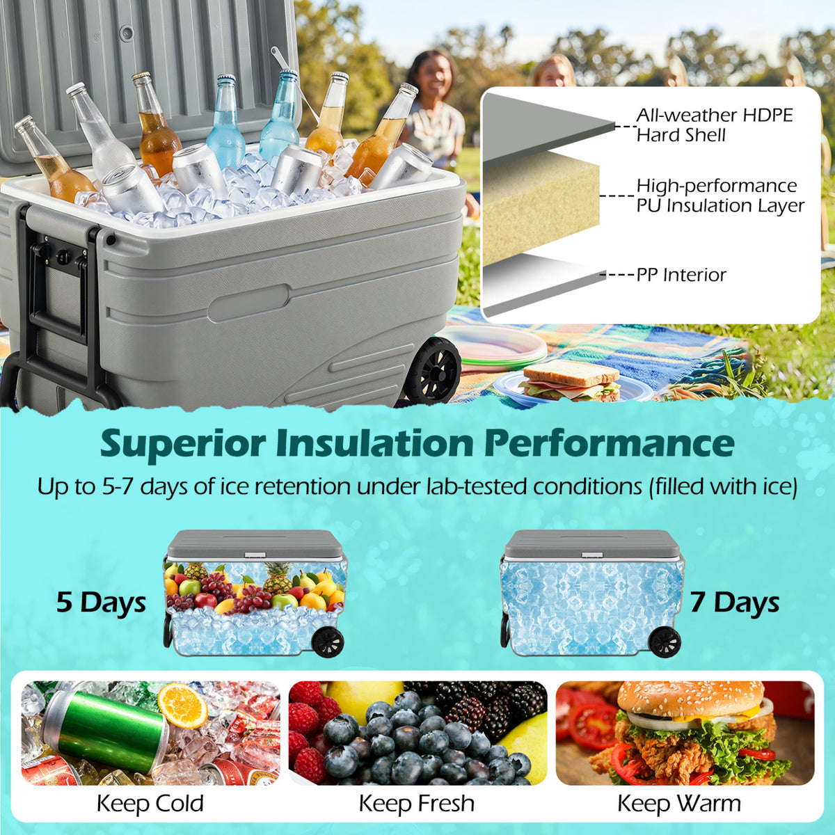 103 Quart Outdoor Portable Wheeled Ice Cooler with Foldable Pull and