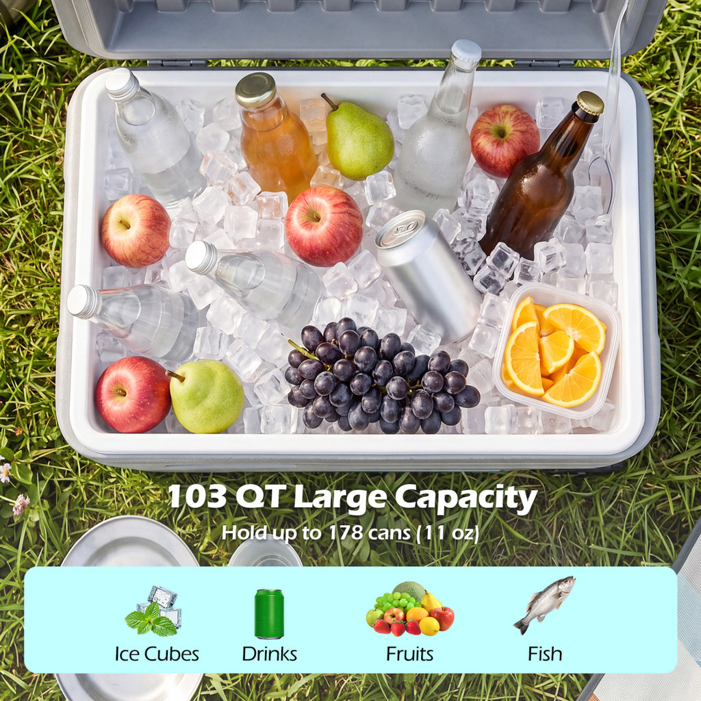 103 Quart Outdoor Portable Wheeled Ice Cooler with Foldable Pull and