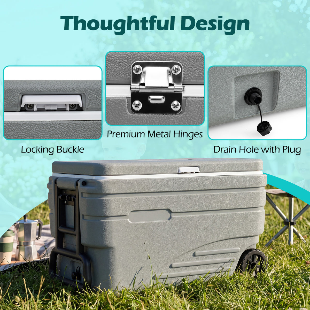 103 Quart Outdoor Portable Wheeled Ice Cooler with Foldable Pull and