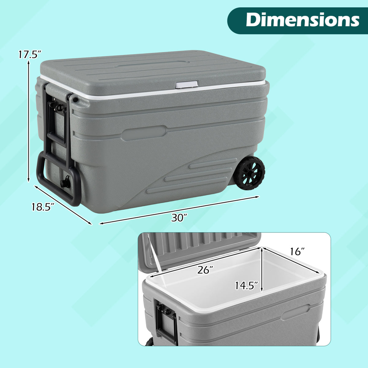 103 Quart Outdoor Portable Wheeled Ice Cooler with Foldable Pull and