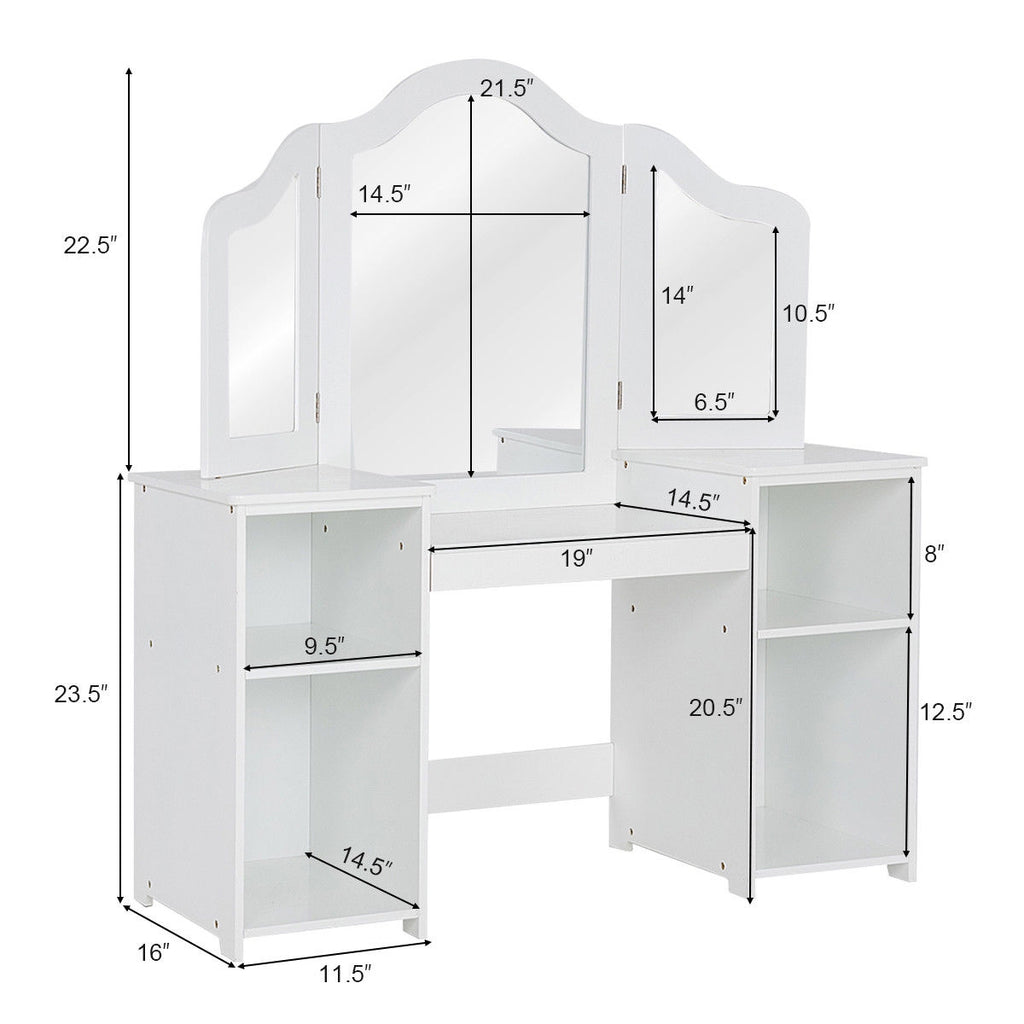 Kids Vanity Dressing Table with Tri-Fold Mirror & Storage - White, Detachable Design