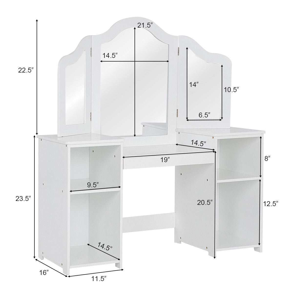Kids Vanity Dressing Table with Tri-Fold Mirror & Storage - White, Detachable Design