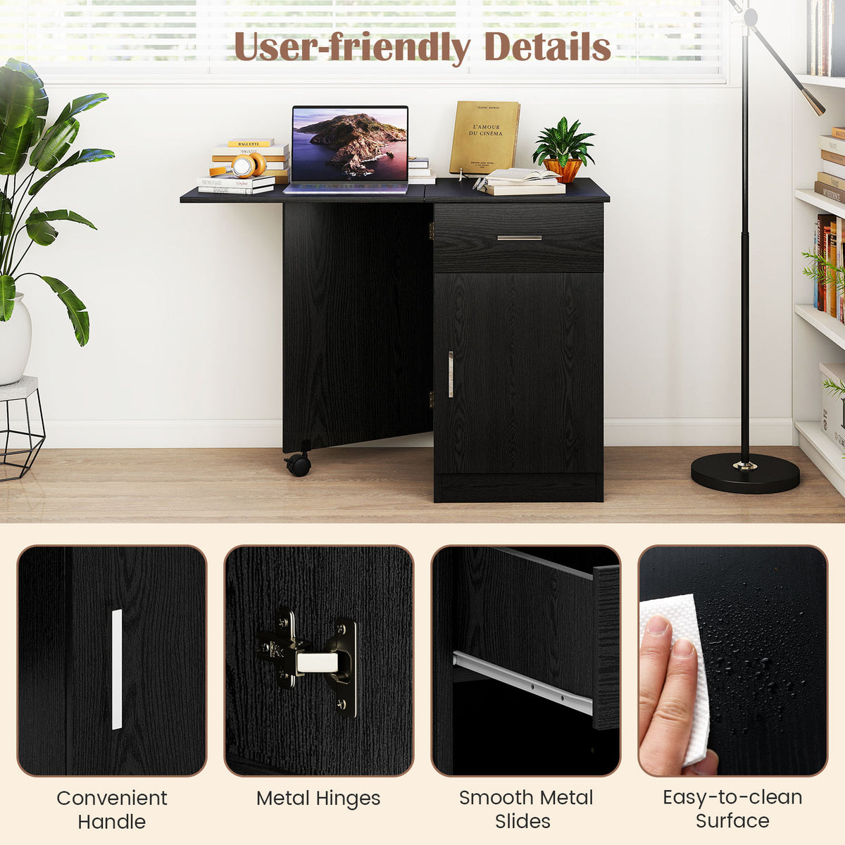Folding Computer Desk with Drawer & Cabinet - Black