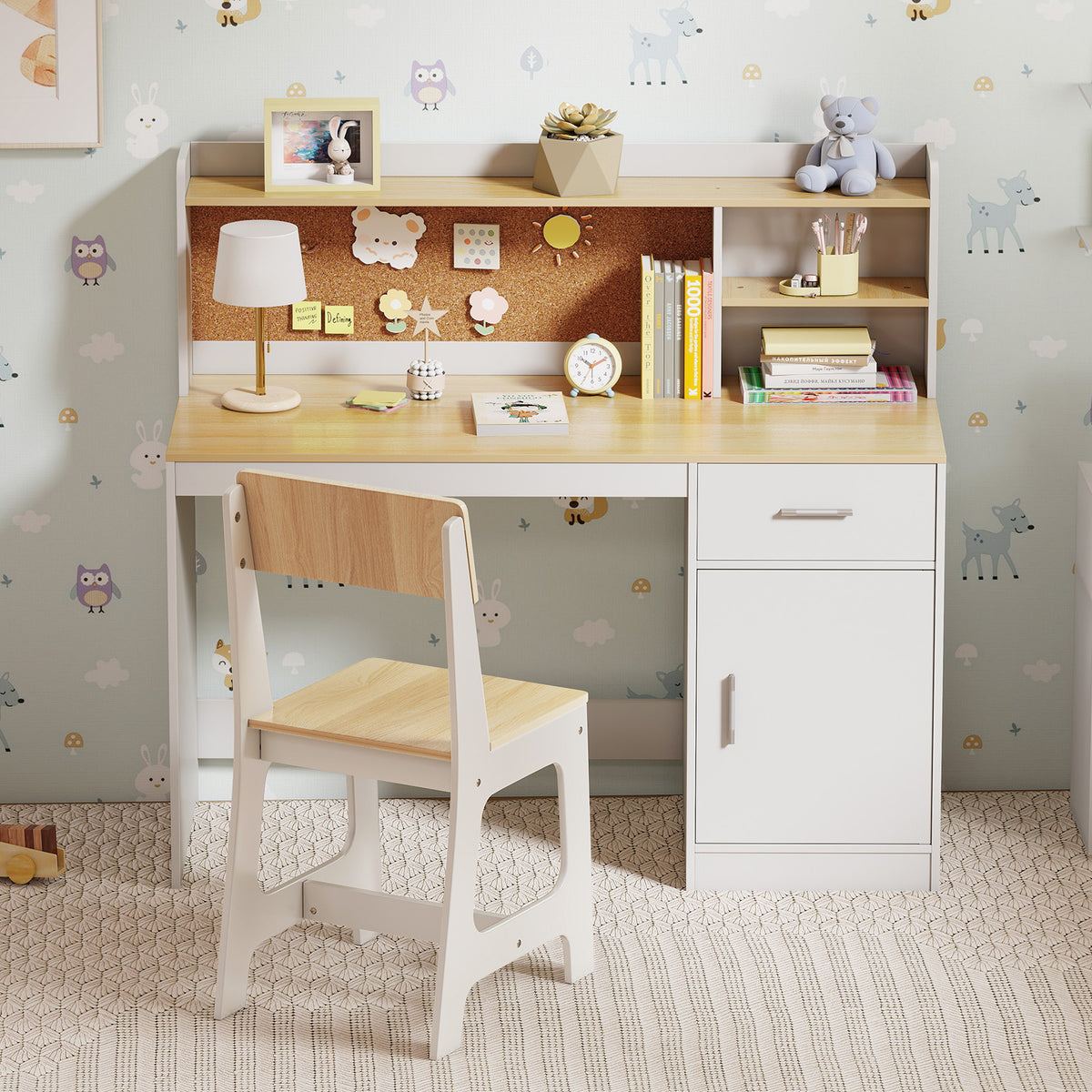 Activity Kids Table and Chair Set - Natural Kids Study Desk & Chair with Shelves & Bulletin Board