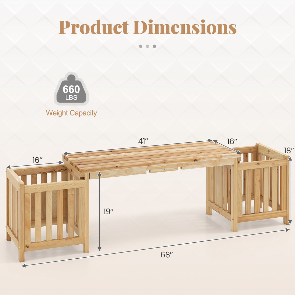 2-Person Wooden Patio Bench with Planter Boxes - Natural
