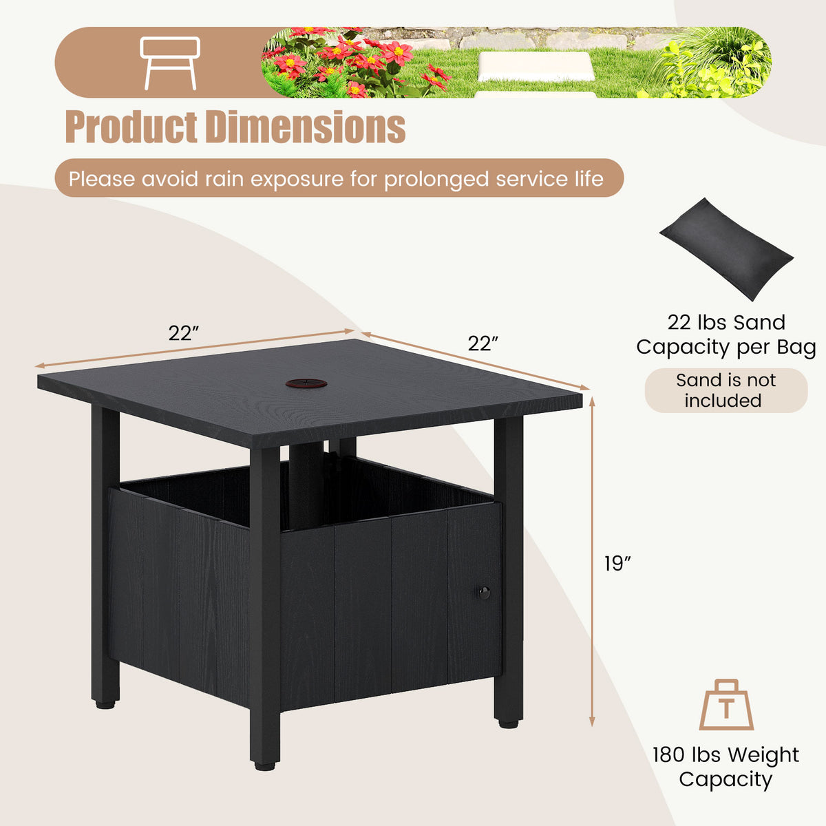 Outdoor Side Table with Umbrella Hole - Style 5, Black