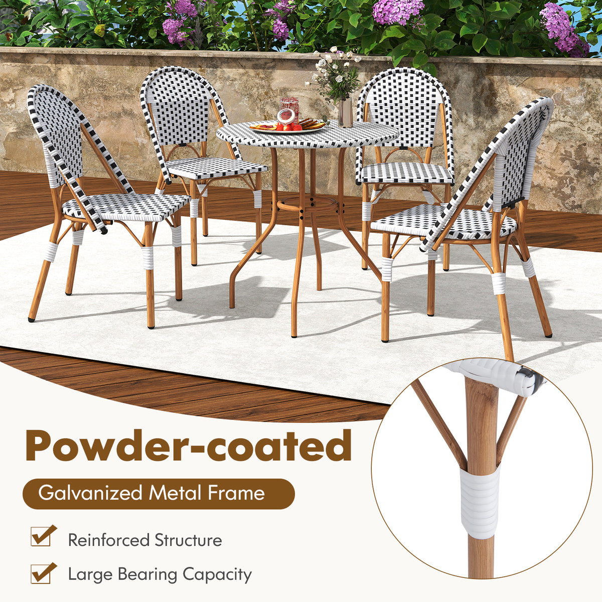 3 Piece French Bistro Table Chair Set with Outdoor Wicker Round and 2
