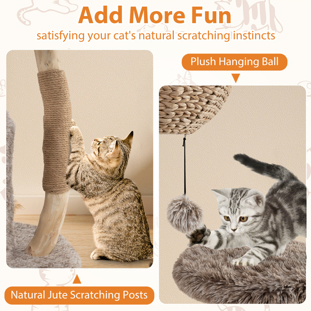 Wood Cat Tree Solid Pear Cat Tower with Perch & Sisal Posts - Brown