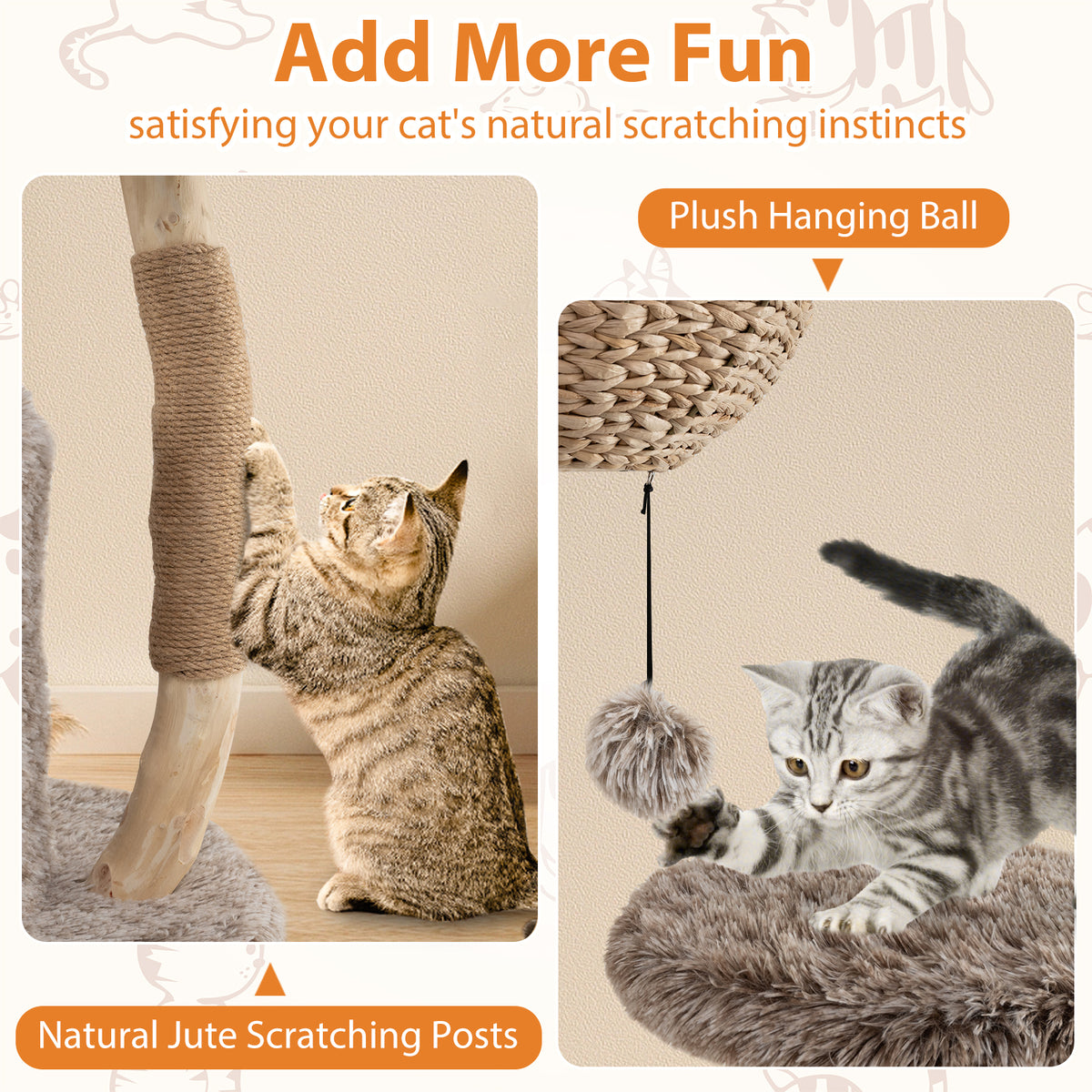 Wood Cat Tree Solid Pear Cat Tower with Perch & Sisal Posts - Brown