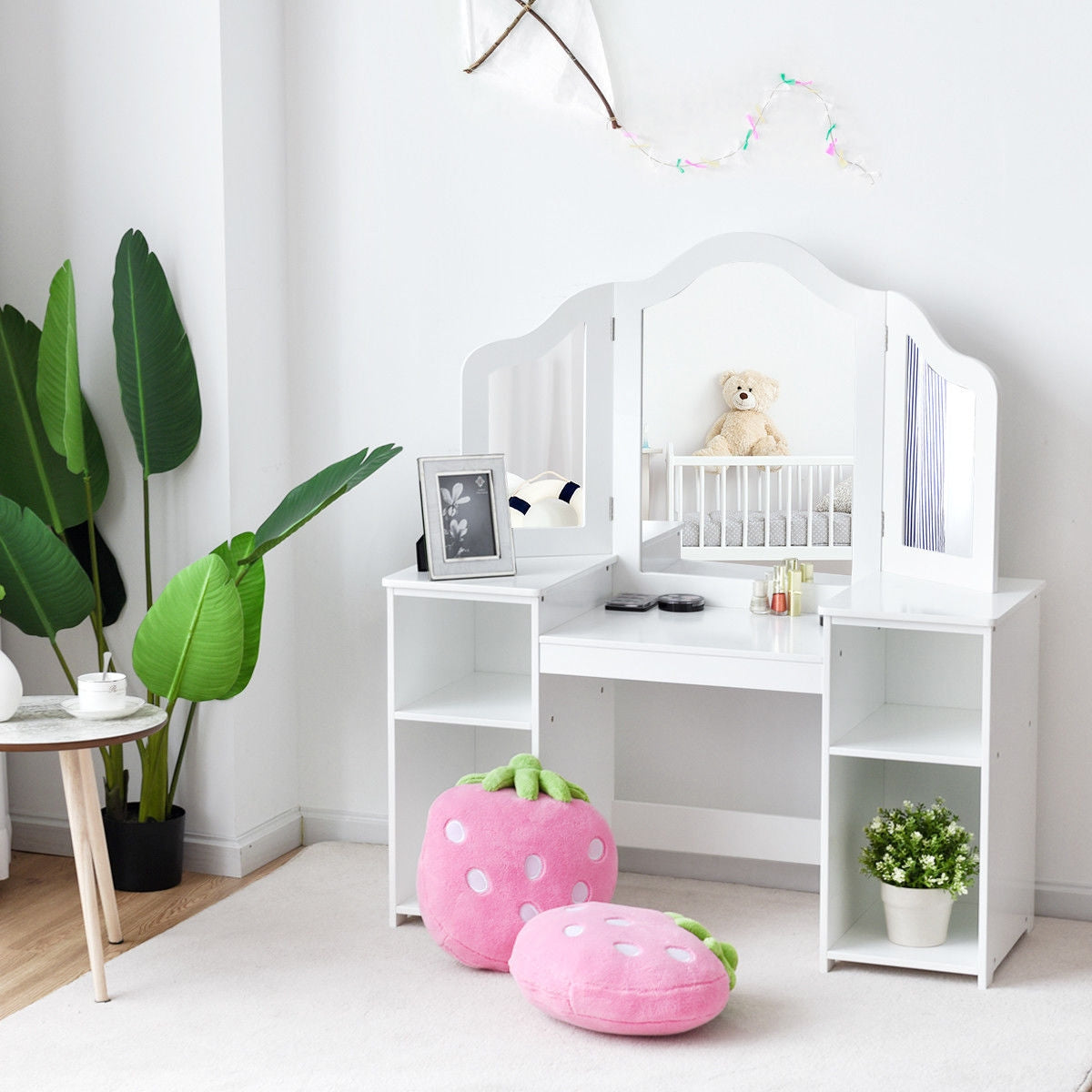 Kids Vanity Dressing Table with Tri-Fold Mirror & Storage - White, Detachable Design