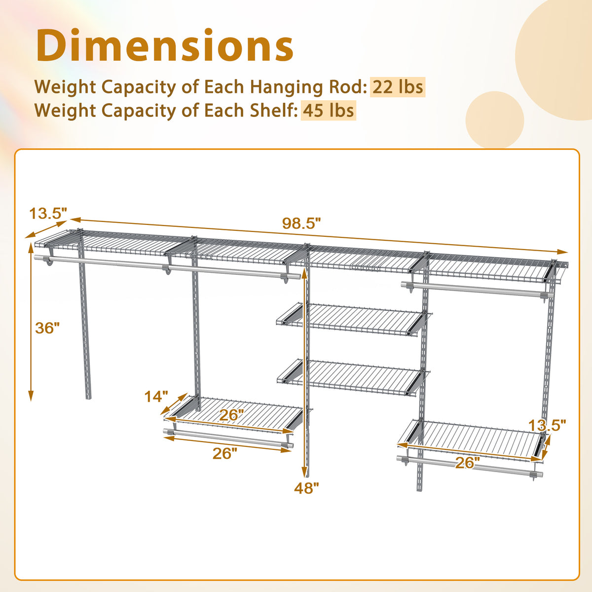 4-8 Feet Closet Organizers and Storage System with Hanging Rod for