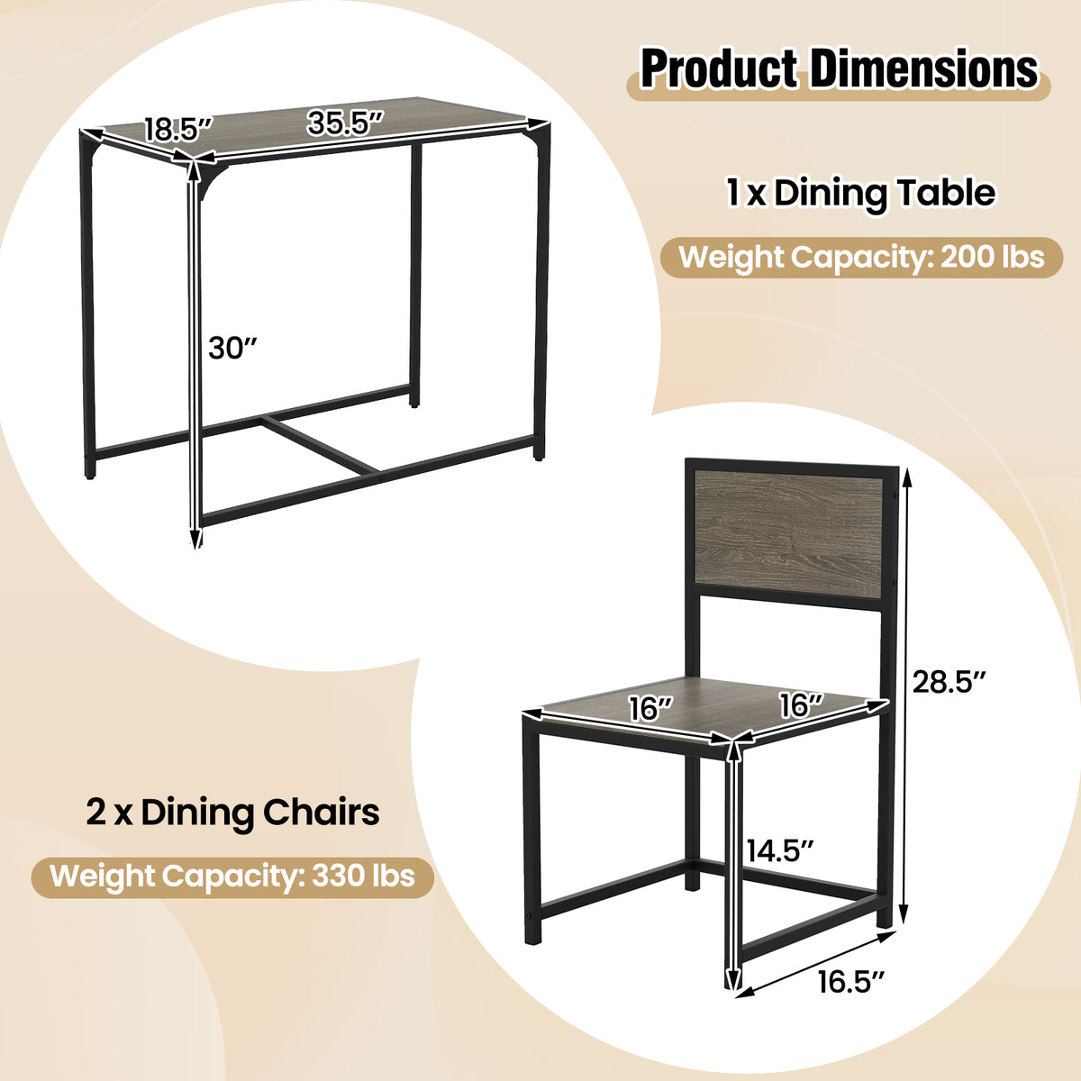 3-Piece Dining Set with Metal Frame for Small Spaces - Oak