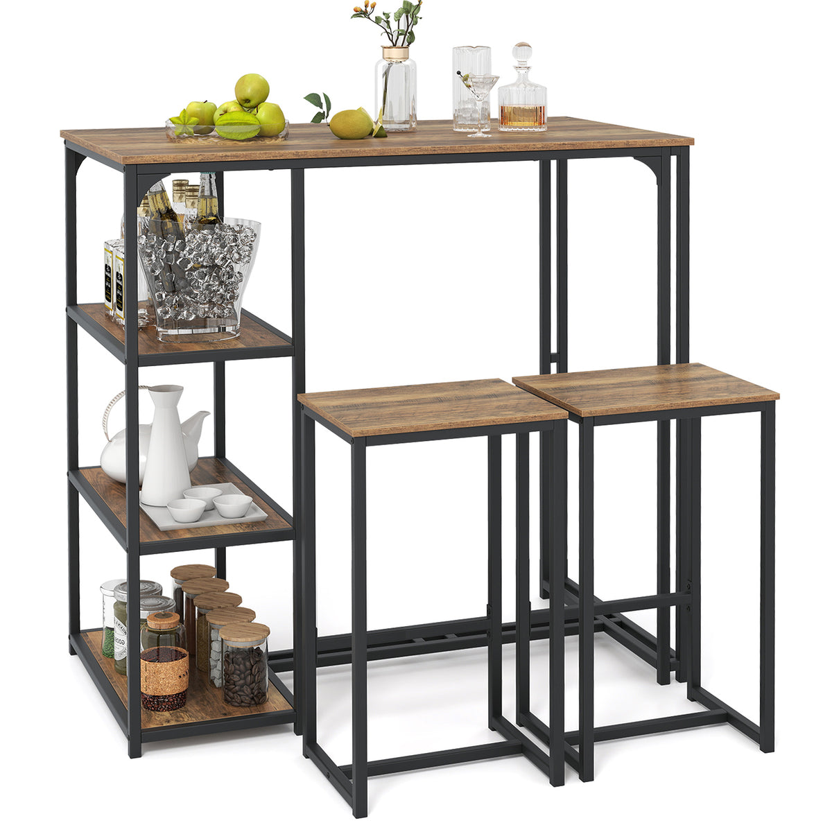 3-Piece Bar Table Set with 2 Stools, Rustic Brown
