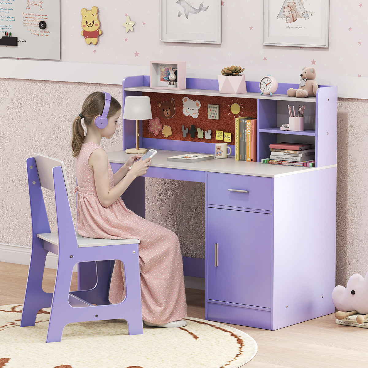 Kids Activity Study Desk and Chair Set, Purple - Childrens Learning Table with Shelves & Cork Board