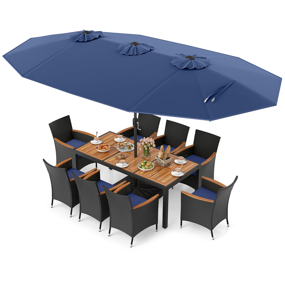 10-Piece Patio Dining Set with 15ft Double Umbrella - Navy