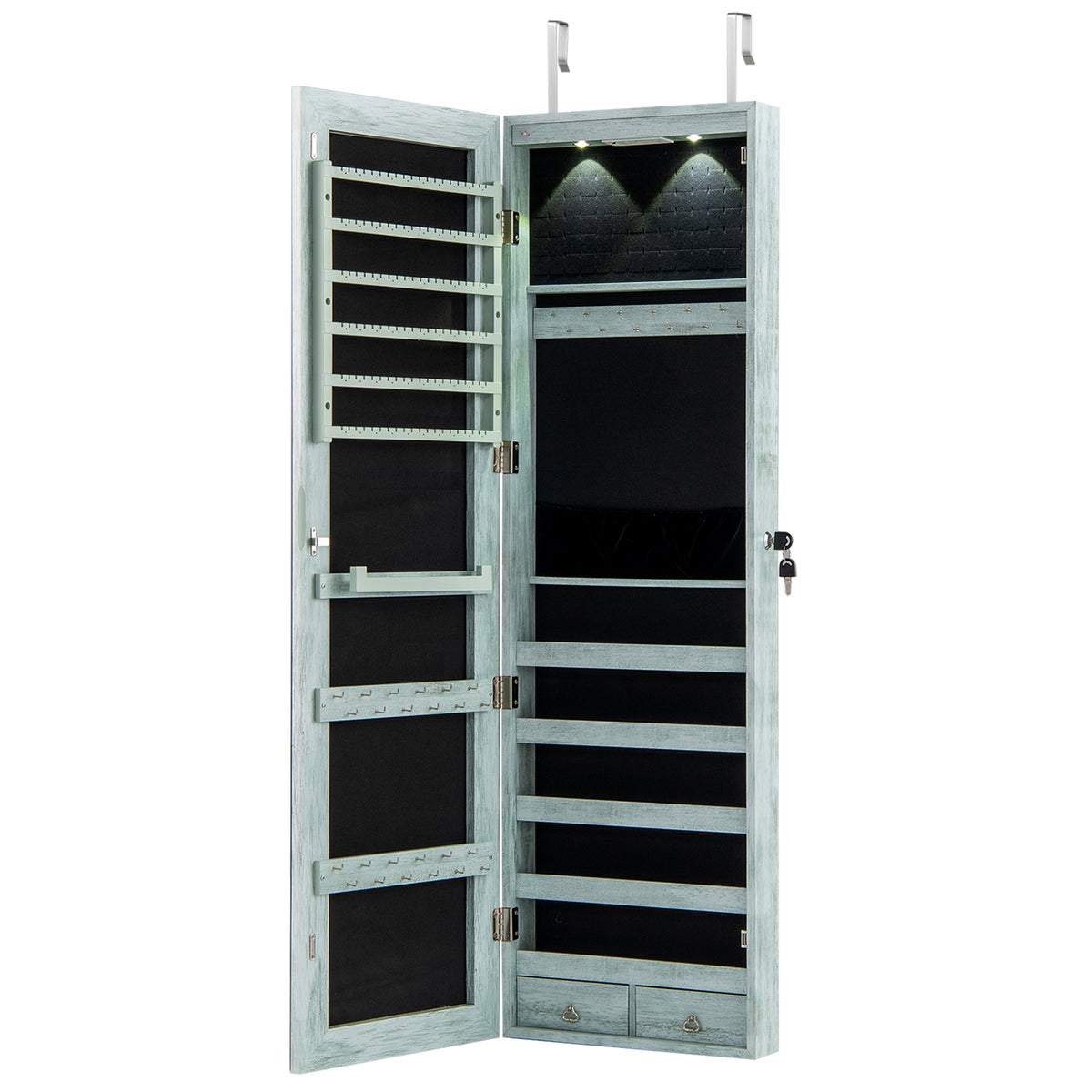 Wall-Mounted Mirrored Jewelry Armoire with LED Lights - Navy