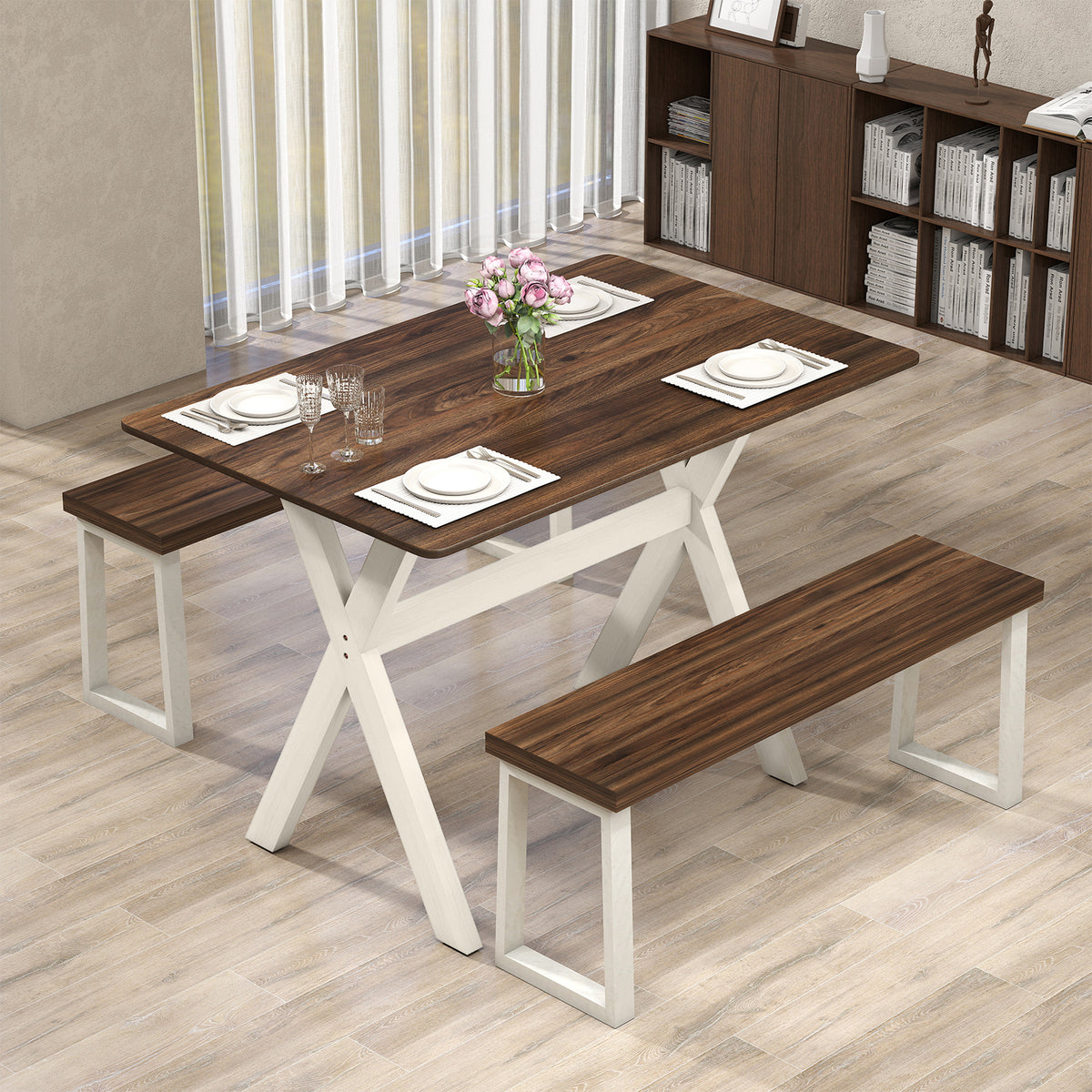 Wooden Dining Table with X-Shaped Frame - White