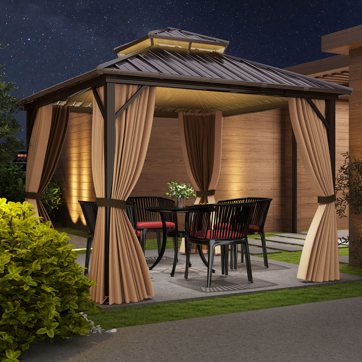10 x 10 ft Hardtop Gazebo with Netting, Curtains & Double Roof