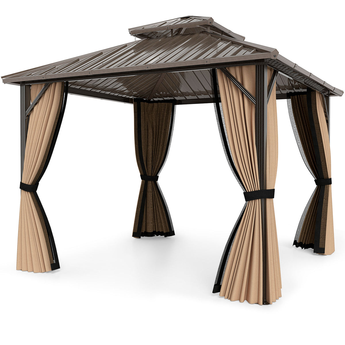 10 x 10 ft Hardtop Gazebo with Netting, Curtains & Double Roof