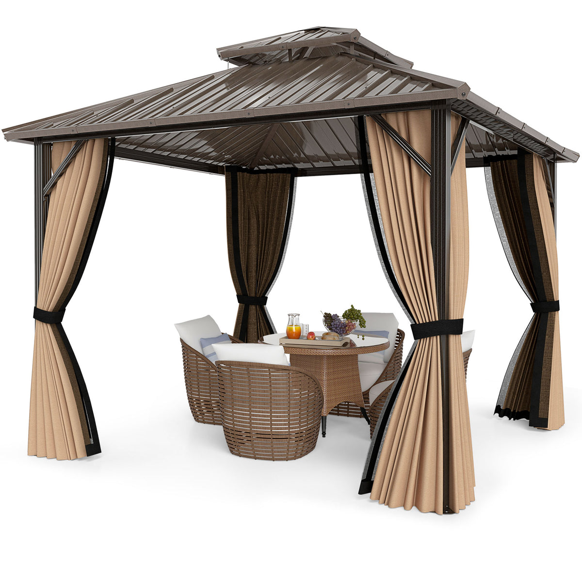 10 x 10 ft Hardtop Gazebo with Netting, Curtains & Double Roof