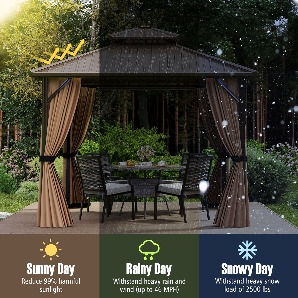 10 x 10/12 Feet Hardtop Gazebo with Netting and Curtain Double-Roof