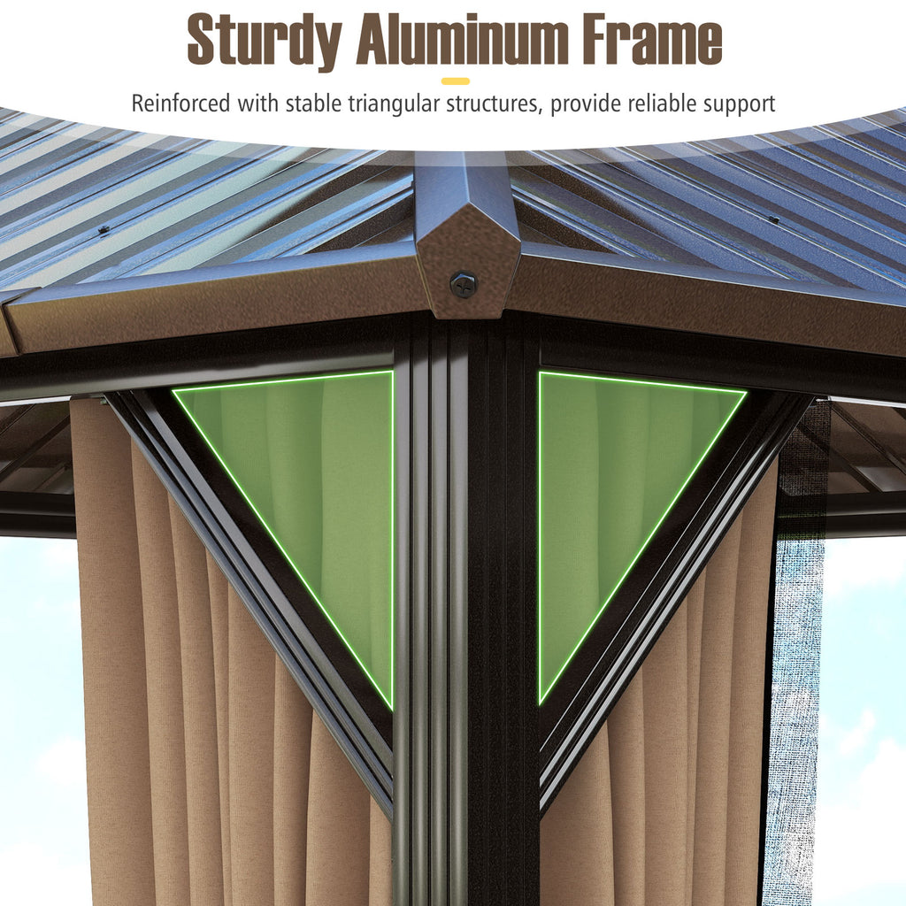 10 x 10 ft Hardtop Gazebo with Netting, Curtains & Double Roof