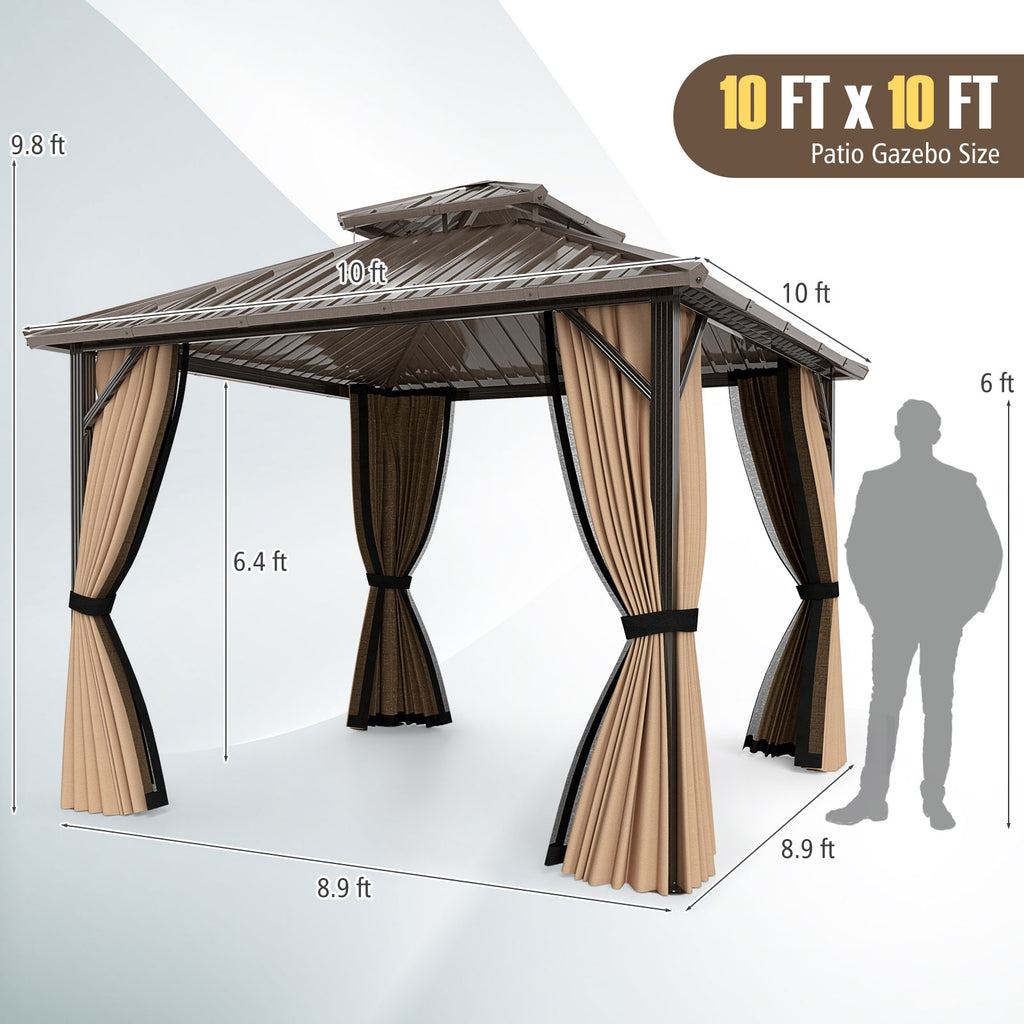 10 x 10 ft Hardtop Gazebo with Netting, Curtains & Double Roof