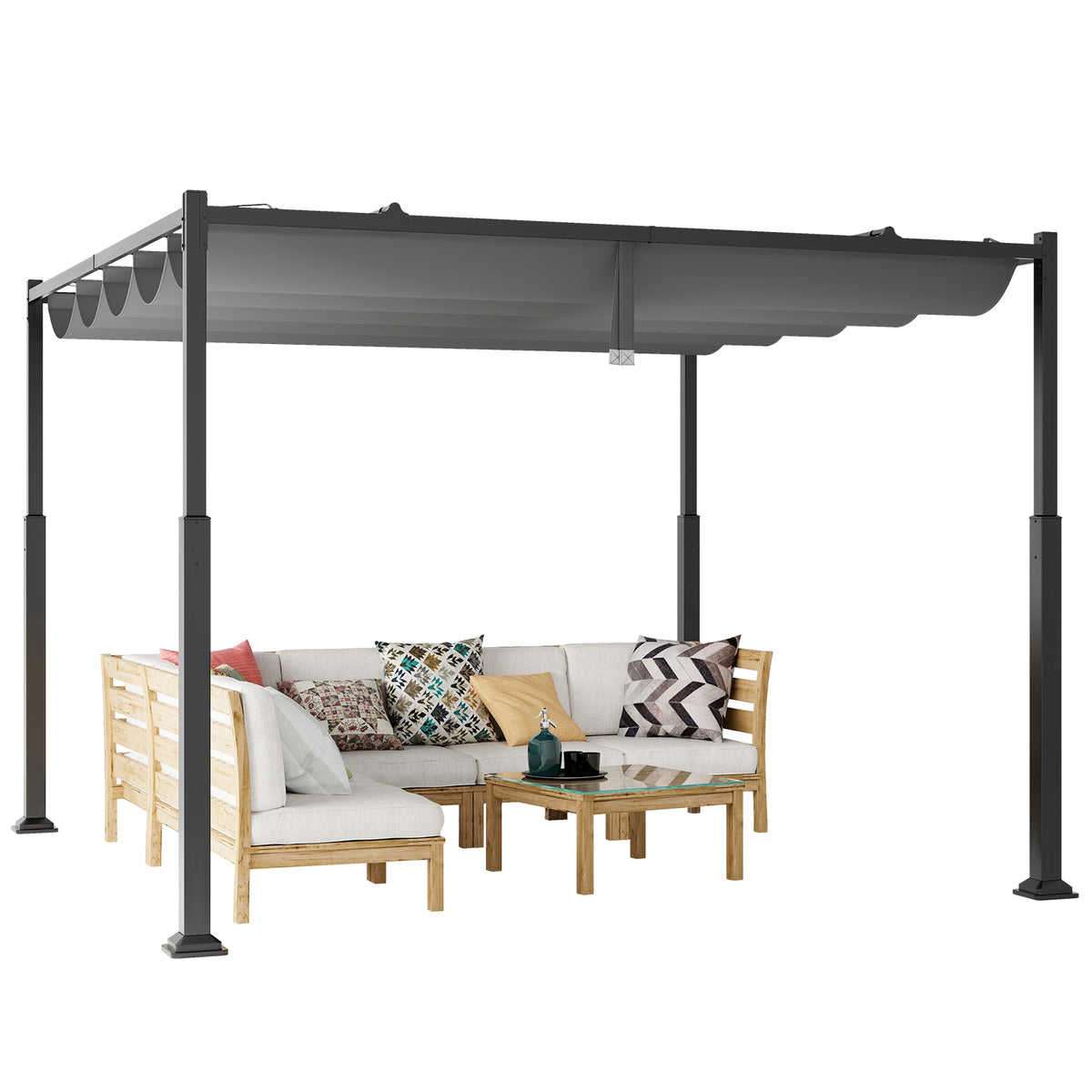 10 x ft Flat Top Pergola with Retractable Canopy for Garden Pool
